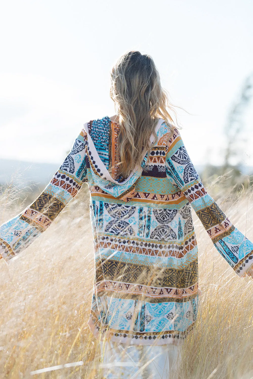 Sky Blue Ethnic Knitted Pom Pom Tie Hooded Cardigan