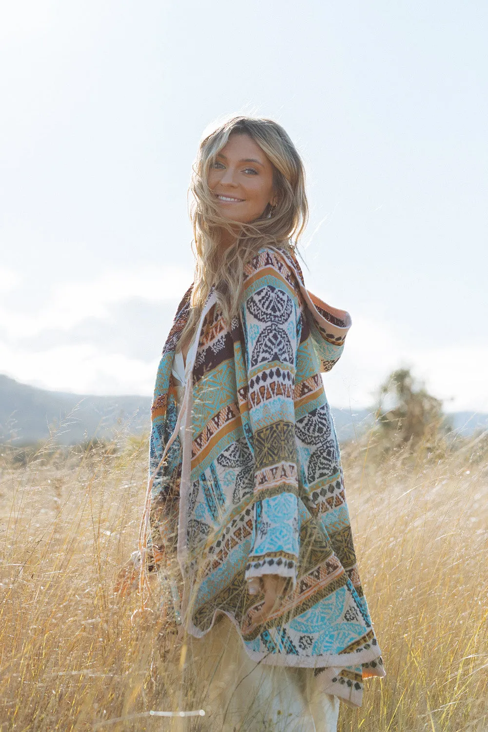 Sky Blue Ethnic Knitted Pom Pom Tie Hooded Cardigan