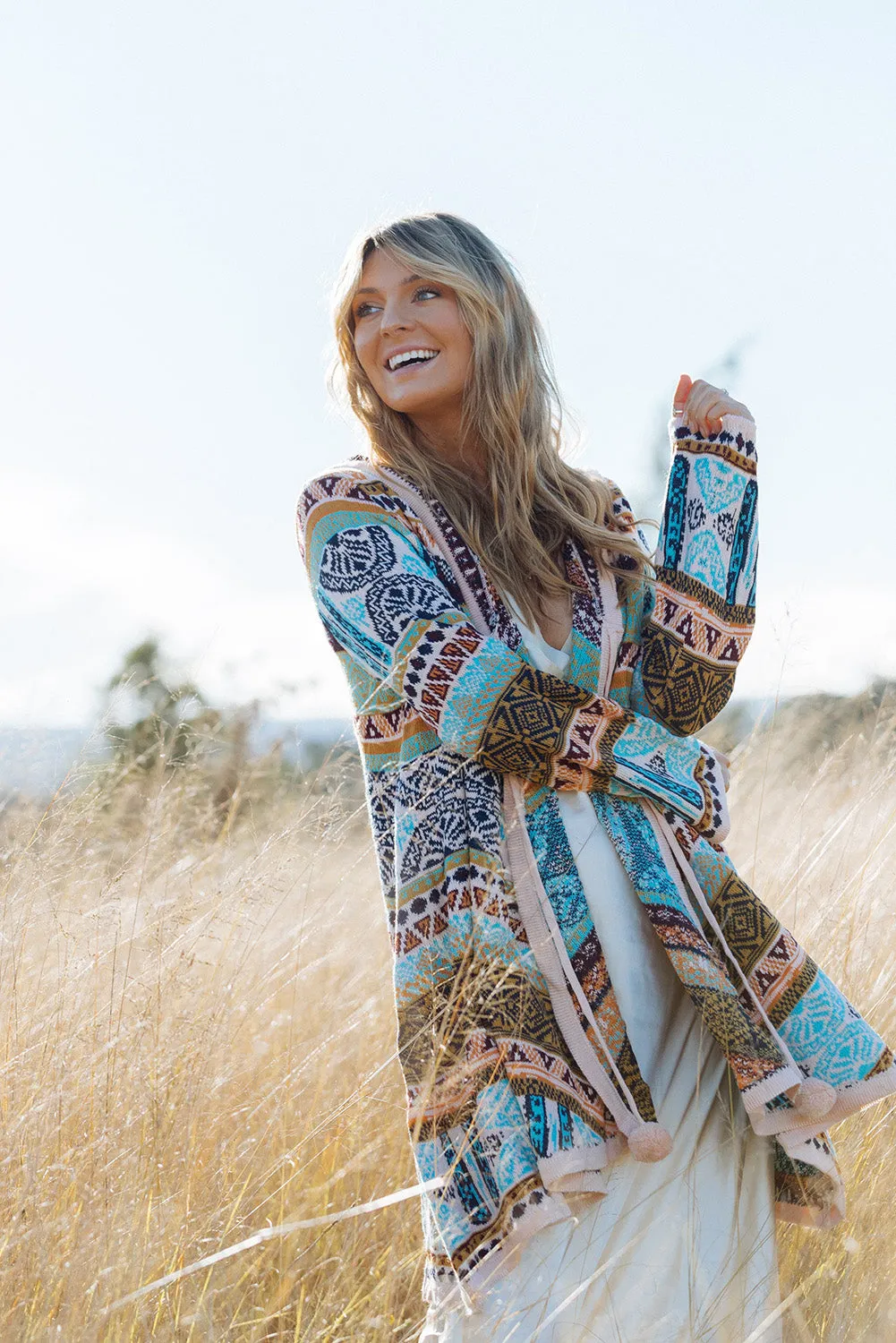 Sky Blue Ethnic Knitted Pom Pom Tie Hooded Cardigan