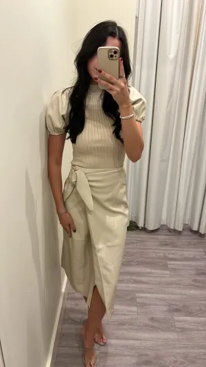 SM6768 Nude ribbed sweater top w/ leather sleeve
