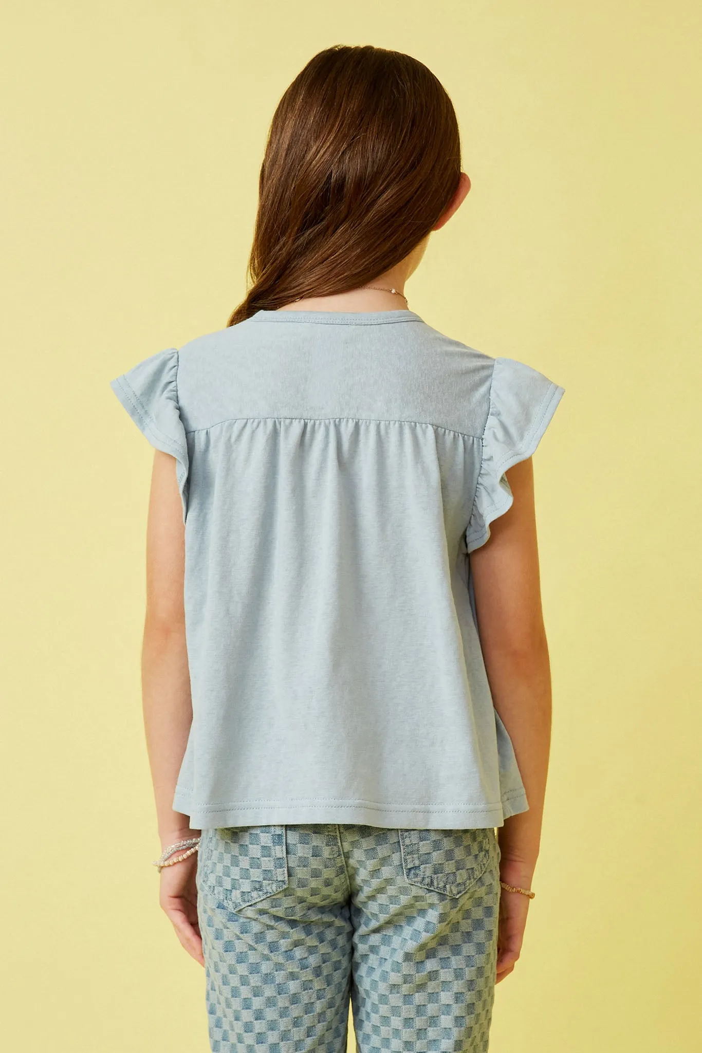 Smocked Yoke Ruffle Shoulder Knit Top