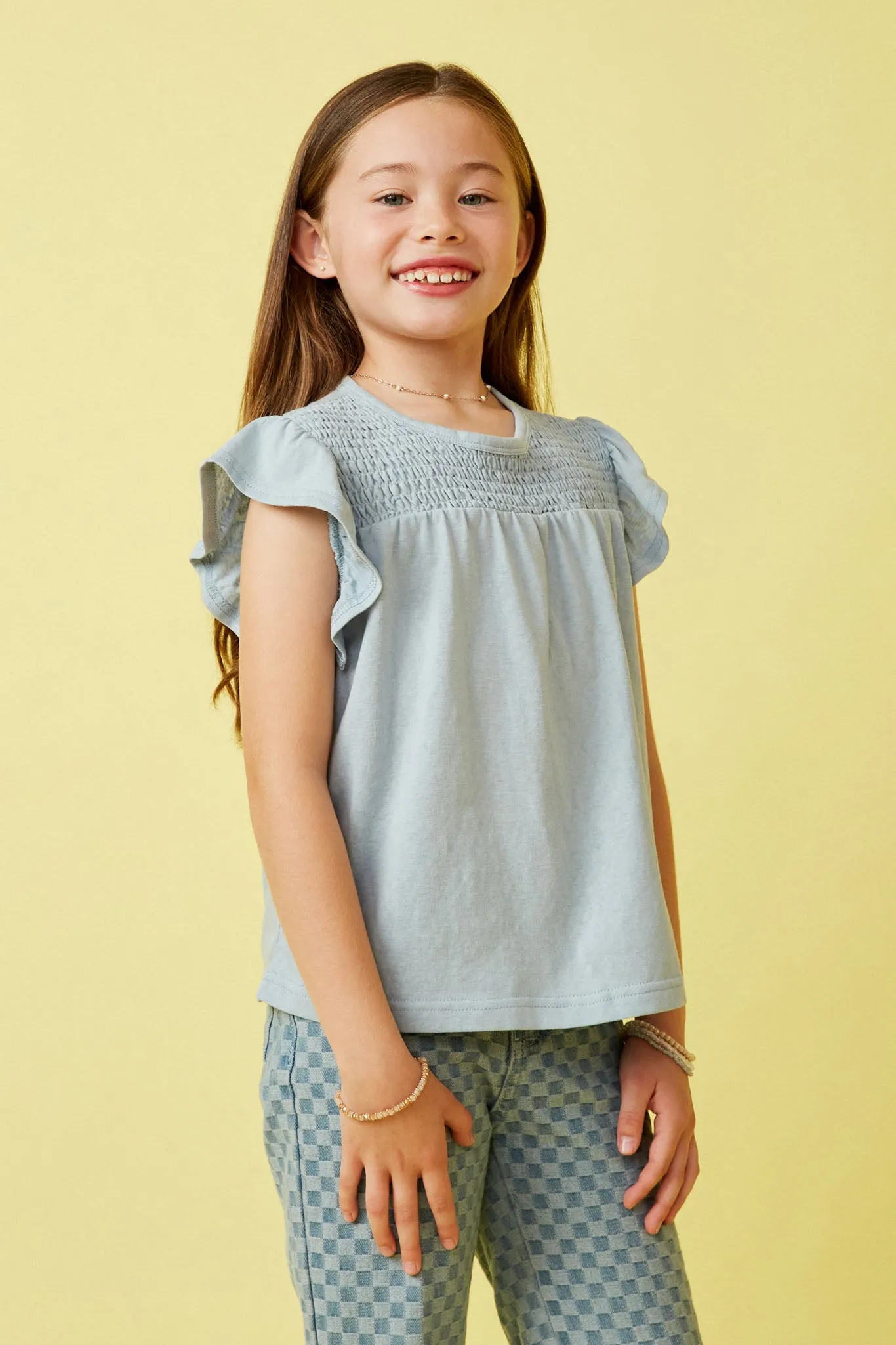 Smocked Yoke Ruffle Shoulder Knit Top