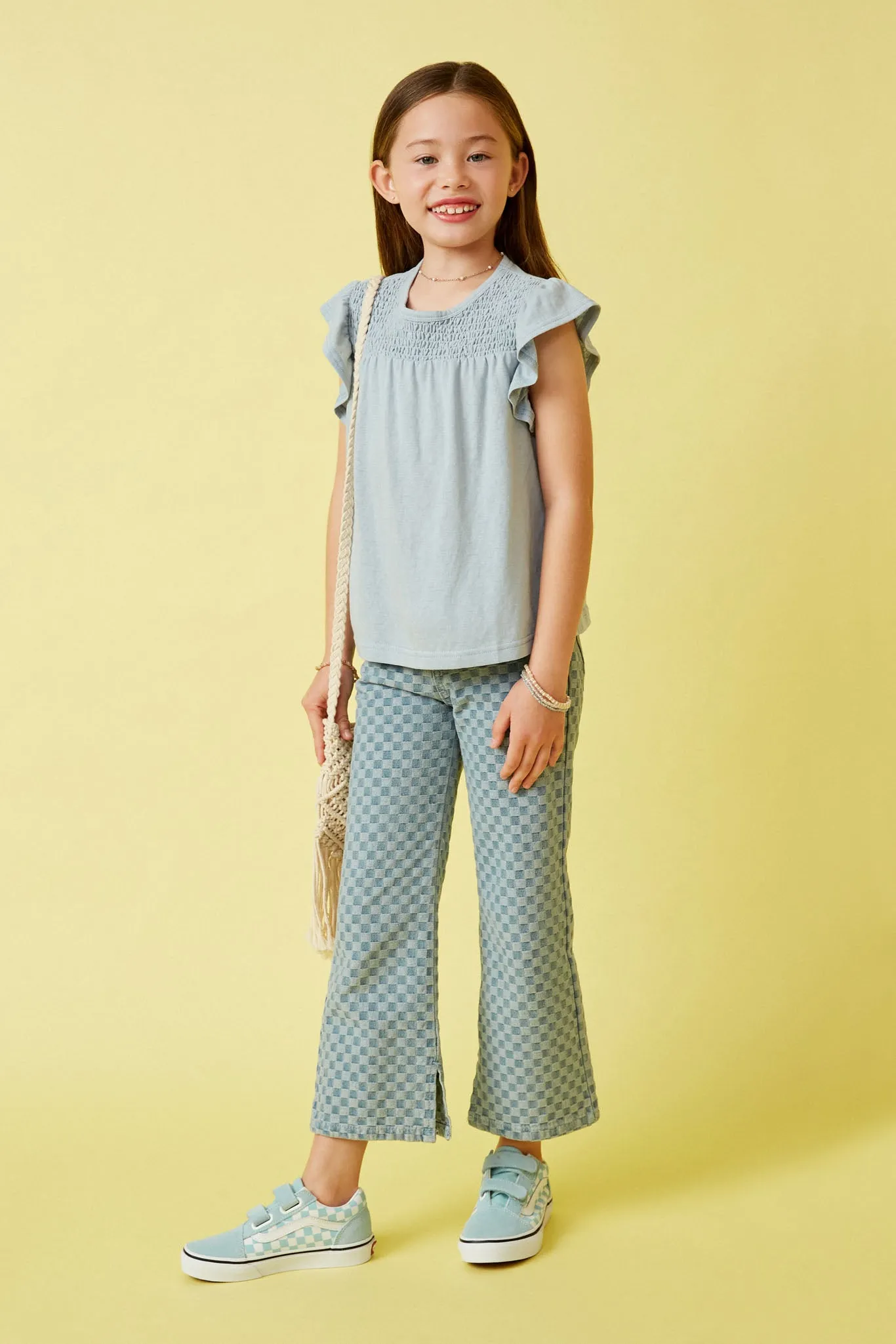 Smocked Yoke Ruffle Shoulder Knit Top