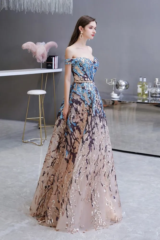 Sparkle Off-the-Shoulder Rainbow sequin A-line Long Prom Party Gowns