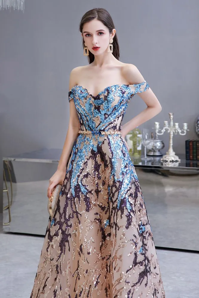 Sparkle Off-the-Shoulder Rainbow sequin A-line Long Prom Party Gowns