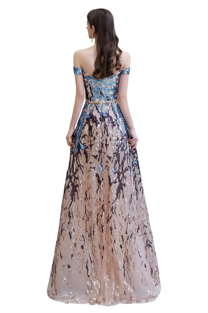 Sparkle Off-the-Shoulder Rainbow sequin A-line Long Prom Party Gowns