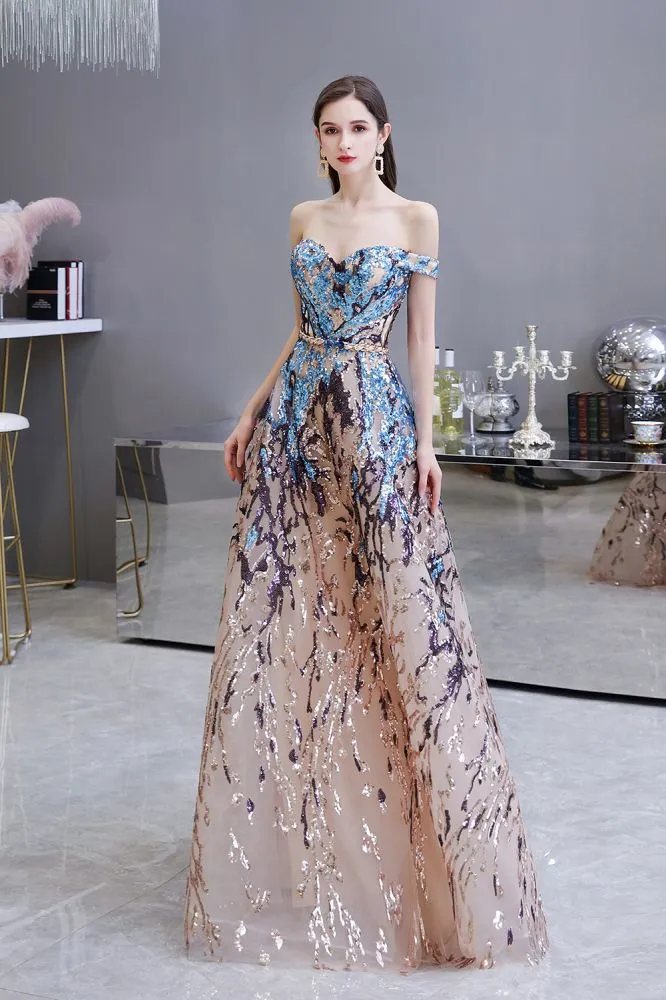 Sparkle Off-the-Shoulder Rainbow sequin A-line Long Prom Party Gowns