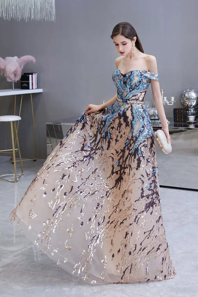 Sparkle Off-the-Shoulder Rainbow sequin A-line Long Prom Party Gowns
