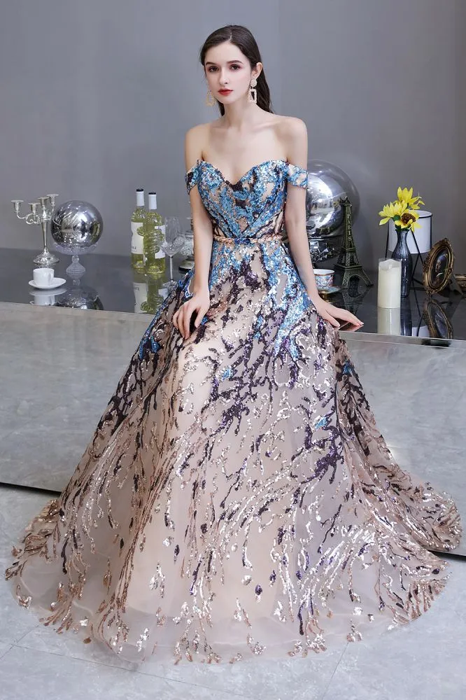 Sparkle Off-the-Shoulder Rainbow sequin A-line Long Prom Party Gowns