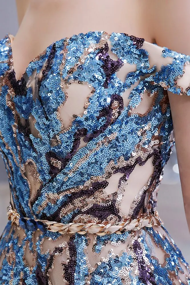 Sparkle Off-the-Shoulder Rainbow sequin A-line Long Prom Party Gowns