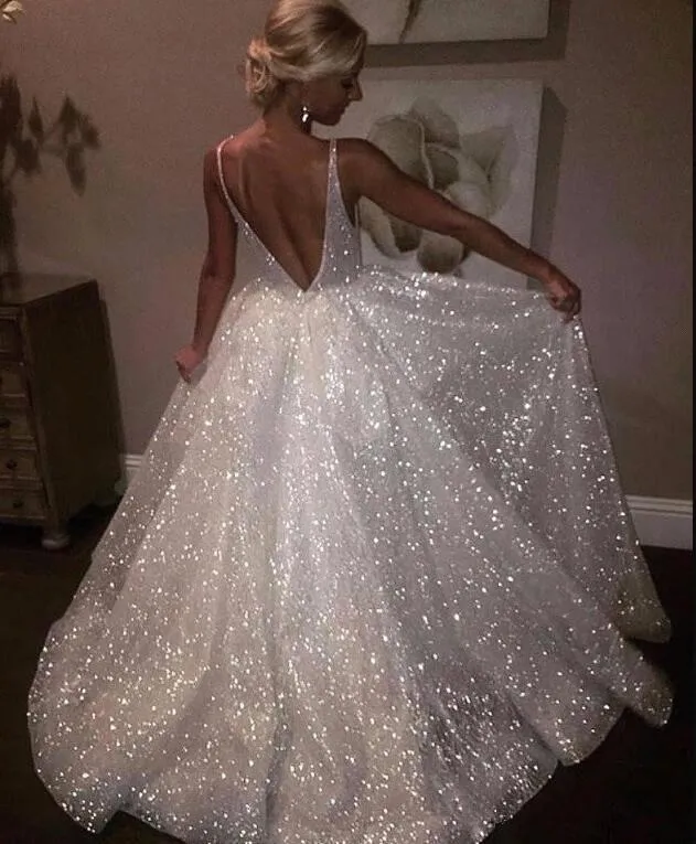 Sparkling Sequin Wedding Dresses with V-neckline