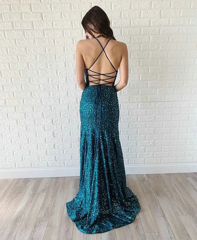 Sparkly 2019 Mermaid Prom Dresses Sequined Halter Long Homecoming Dress Split Side