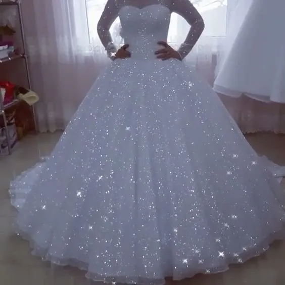 Sparkly 2019 Wedding Dresses with Sheer Sleeves Modest O-Neck Bridal Ball Gowns Fashion