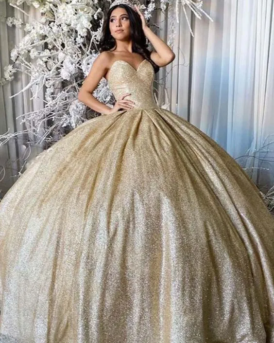 Sparkly Champagne Gold Quinceanera Dresses Ball Gowns Sweetheart Neckline vestidos de quinceañera