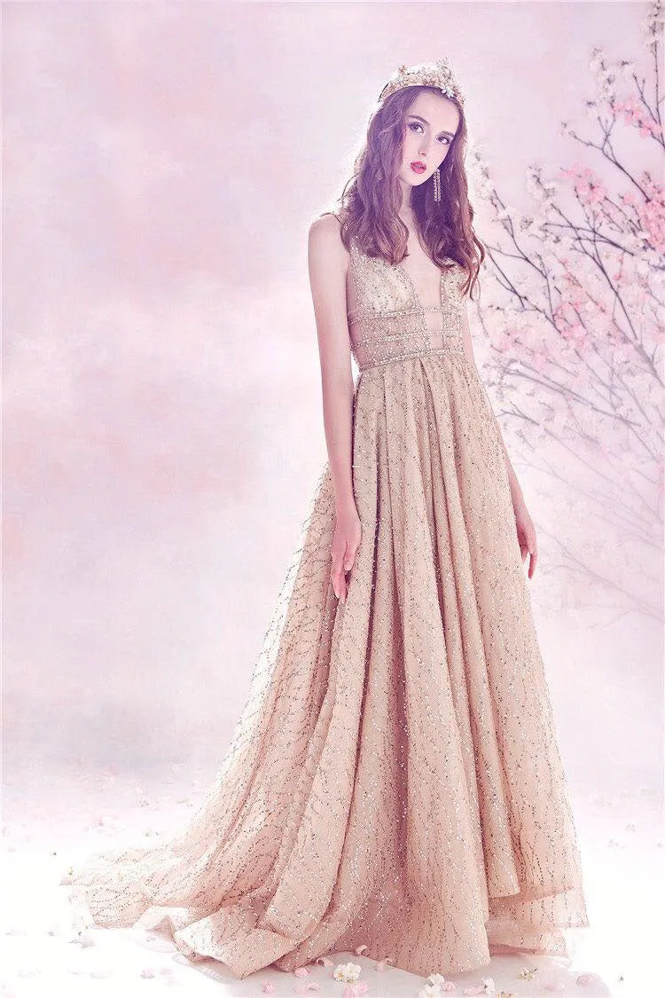 Sparkly Champagne Prom Dresses with V Neckline Off The Shoulder Long Prom Gowns for Party