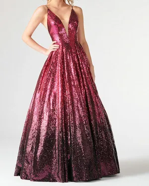 Sparkly Gradient Burgundy Black Prom Dresses with V-Neck Long Prom Gowns 2019 New