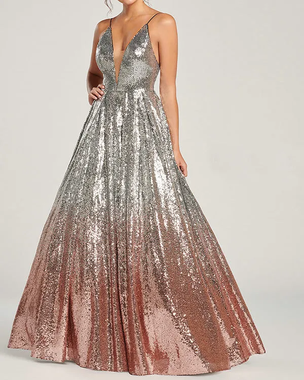 Sparkly Gradient Burgundy Black Prom Dresses with V-Neck Long Prom Gowns 2019 New
