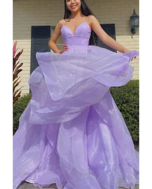 Sparkly Light Purple Prom Dresses with Ruffles Sexy Long Party Gowns Spaghetti Straps