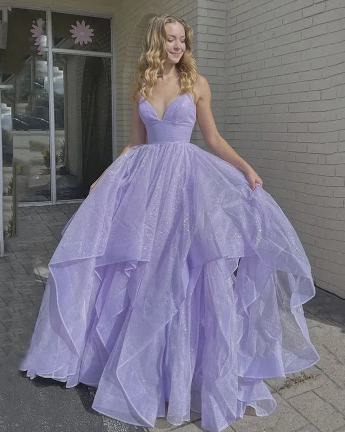 Sparkly Light Purple Prom Dresses with Ruffles Sexy Long Party Gowns Spaghetti Straps