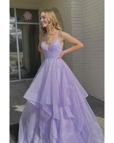 Sparkly Light Purple Prom Dresses with Ruffles Sexy Long Party Gowns Spaghetti Straps