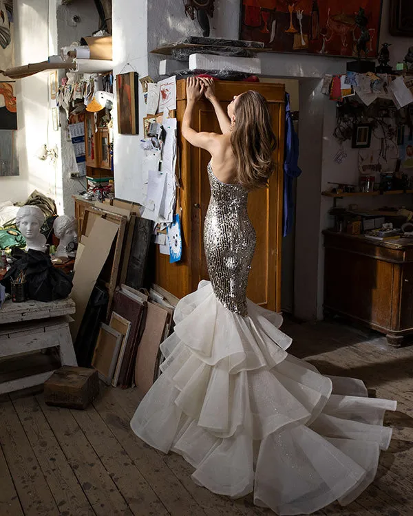 Sparkly Mermaid Fitting Evening Gowns with Sequins Sexy Prom Dresses Organza Ruffles