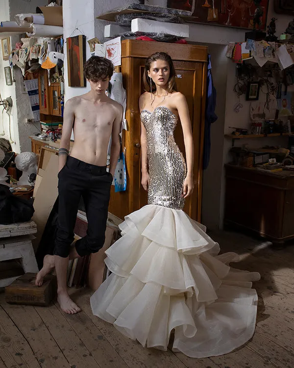 Sparkly Mermaid Fitting Evening Gowns with Sequins Sexy Prom Dresses Organza Ruffles
