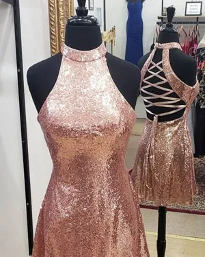 Sparkly Rose Gold Sequins Prom Dresses Halter Sexy Short Homecoming Dress Cross Straps Back