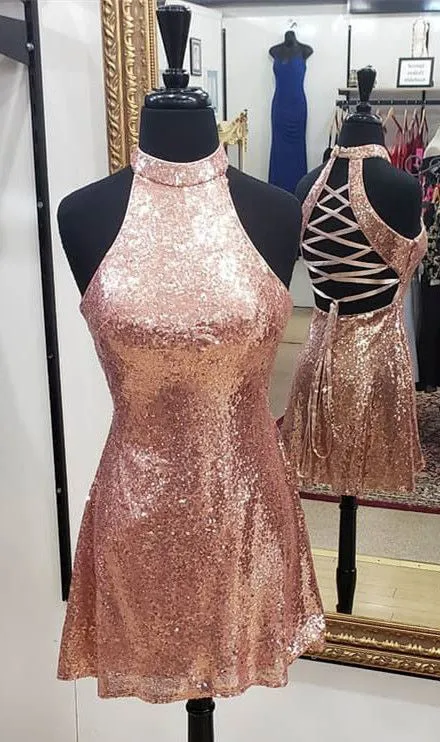 Sparkly Rose Gold Sequins Prom Dresses Halter Sexy Short Homecoming Dress Cross Straps Back