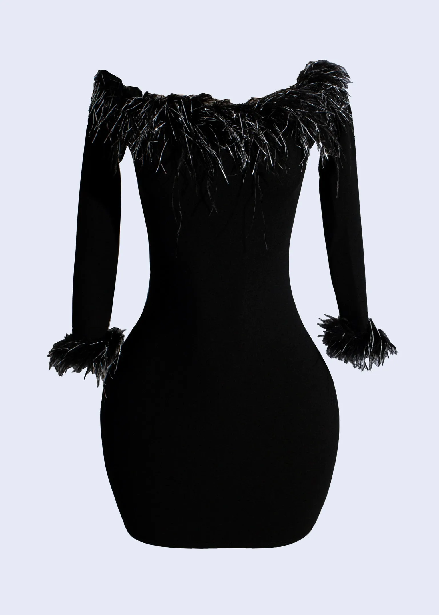Starlit Plume Elegance Mini Dress Black