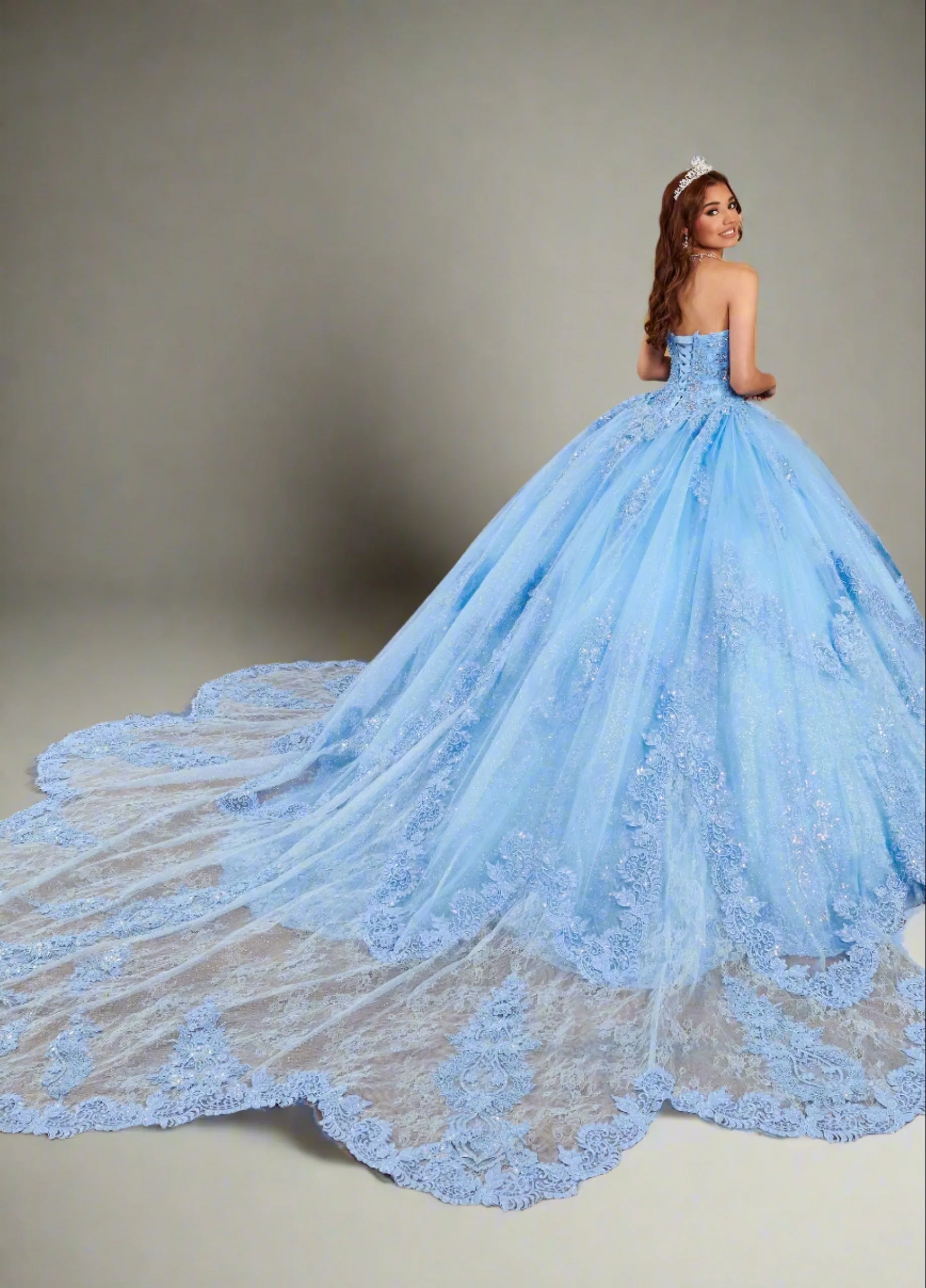 Strapless Glitter Tulle & Lace Ballgown