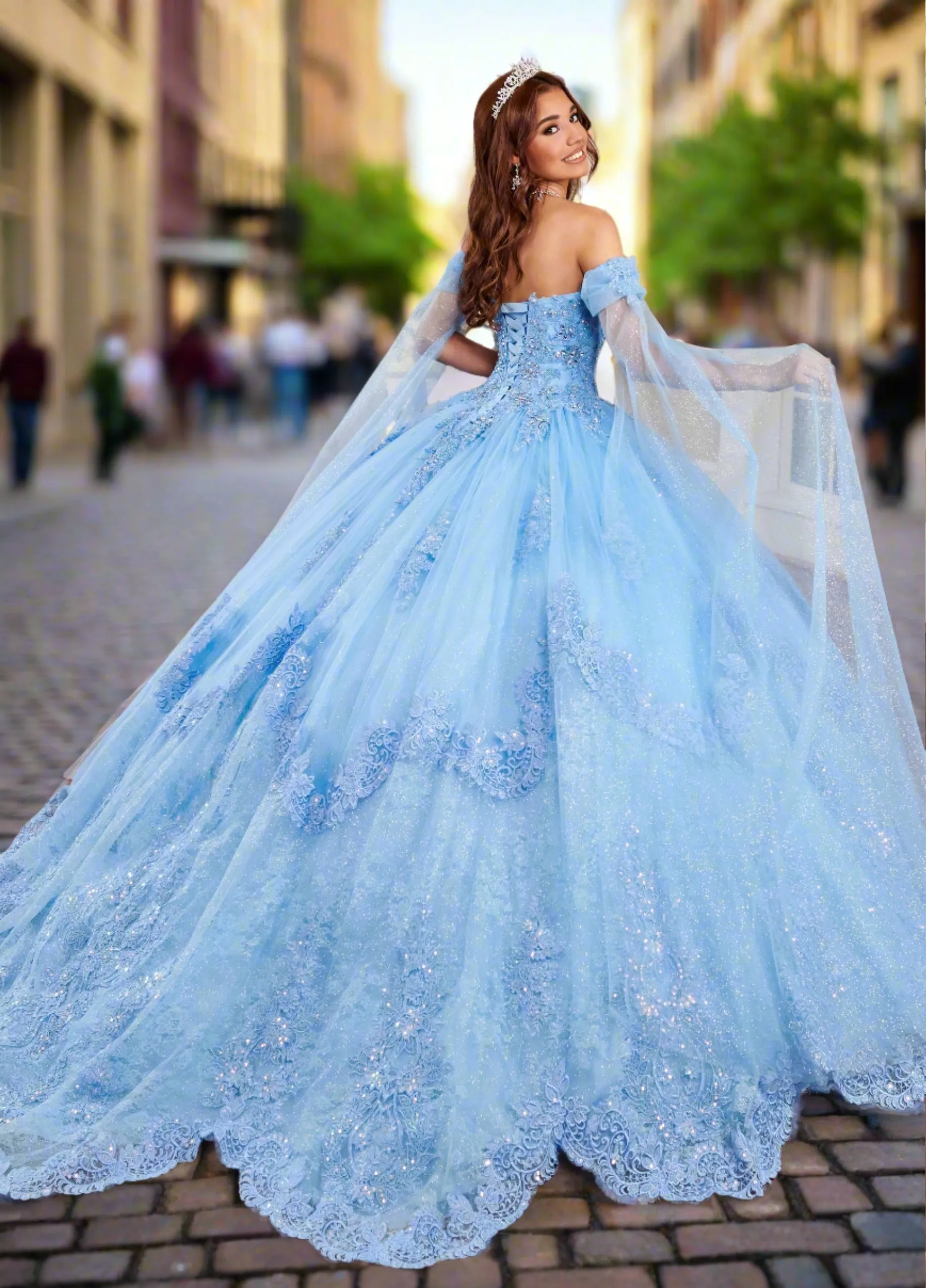 Strapless Glitter Tulle & Lace Ballgown