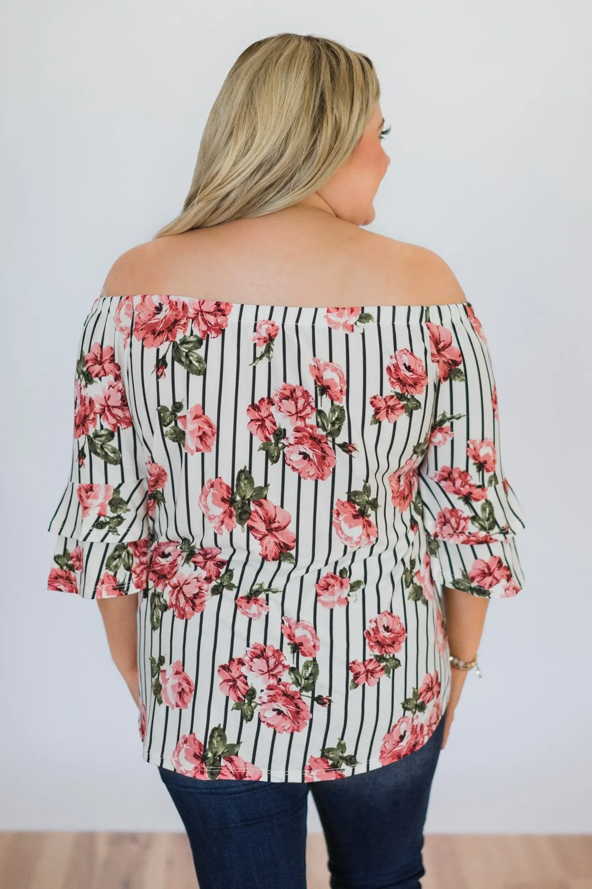 Striped Floral Off the Shoulder Top- Ivory