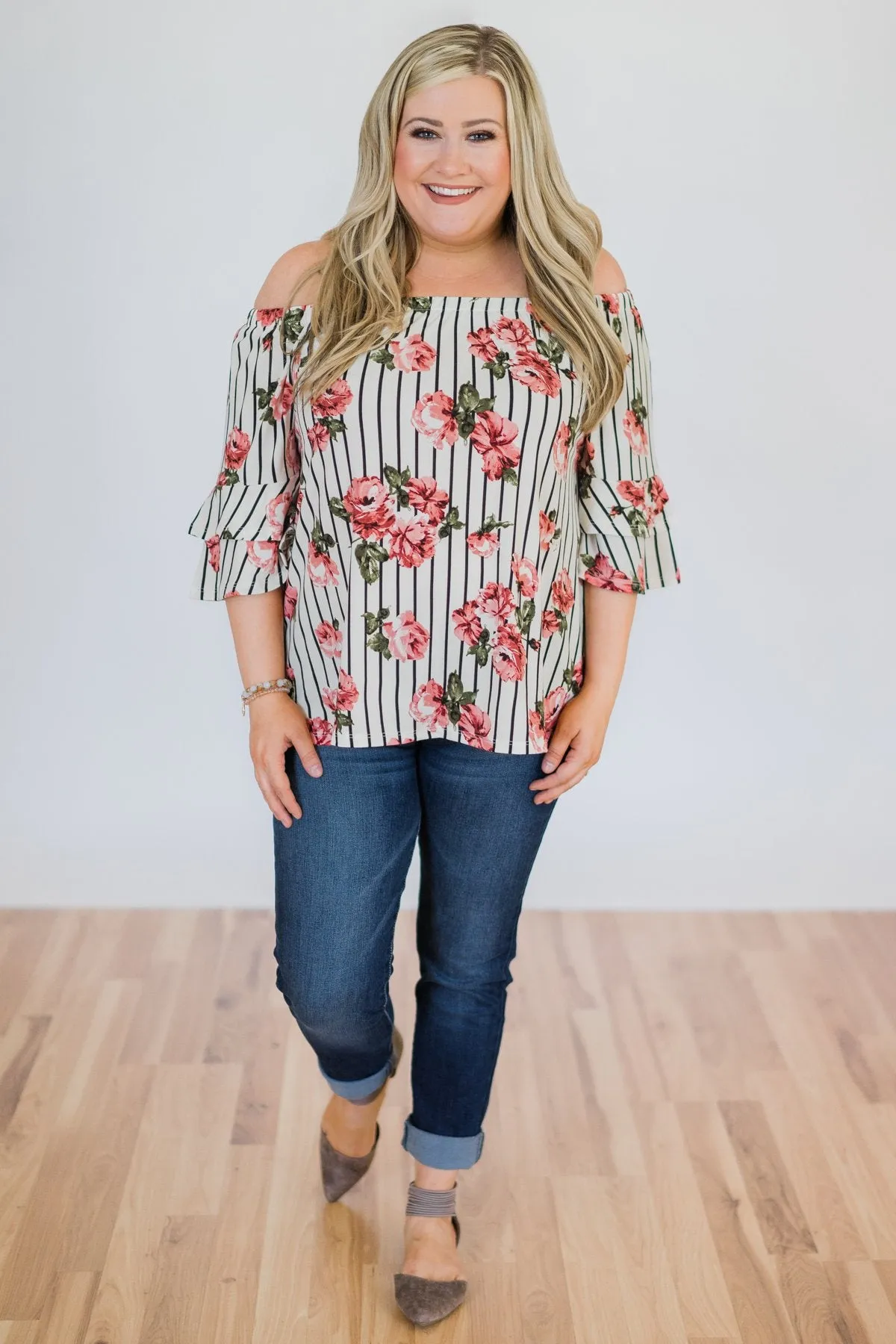 Striped Floral Off the Shoulder Top- Ivory