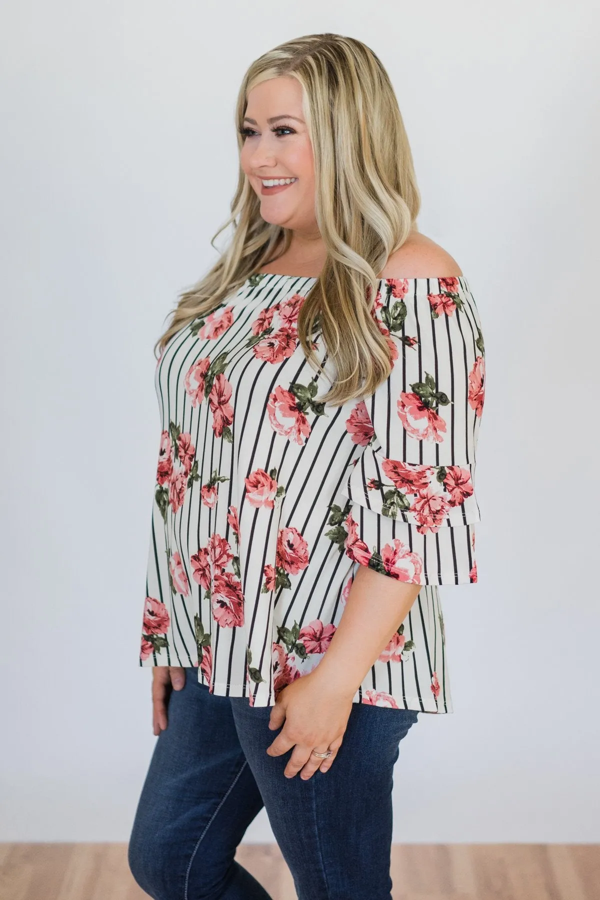 Striped Floral Off the Shoulder Top- Ivory