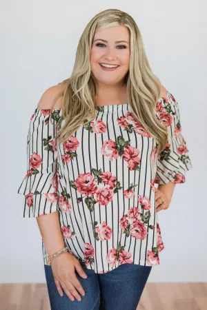 Striped Floral Off the Shoulder Top- Ivory