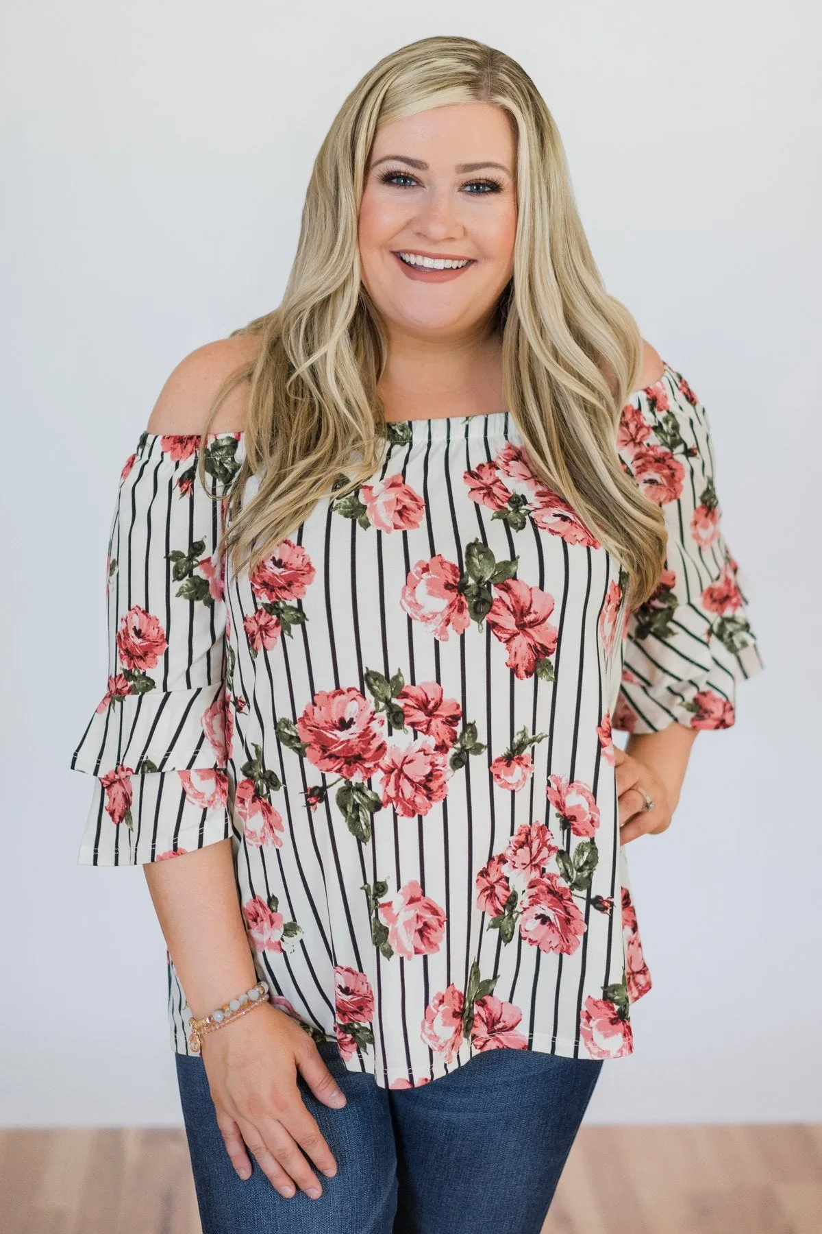Striped Floral Off the Shoulder Top- Ivory