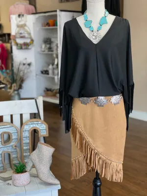 Studded Asymmetrical Camel Vegan Suede Fringe Skirt