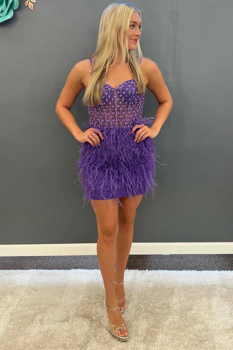 Stunning Purple Beaded Spaghetti Straps Feathered Mini Homecoming Dress OK1531