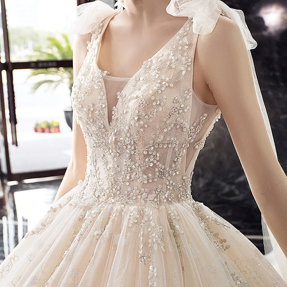 Supper Gorgeous Shiny Crystal Lace Ball Gown Wedding Dress Wih Chapel Train V-neck Bow Shoulder Princess Bridal Dresses
