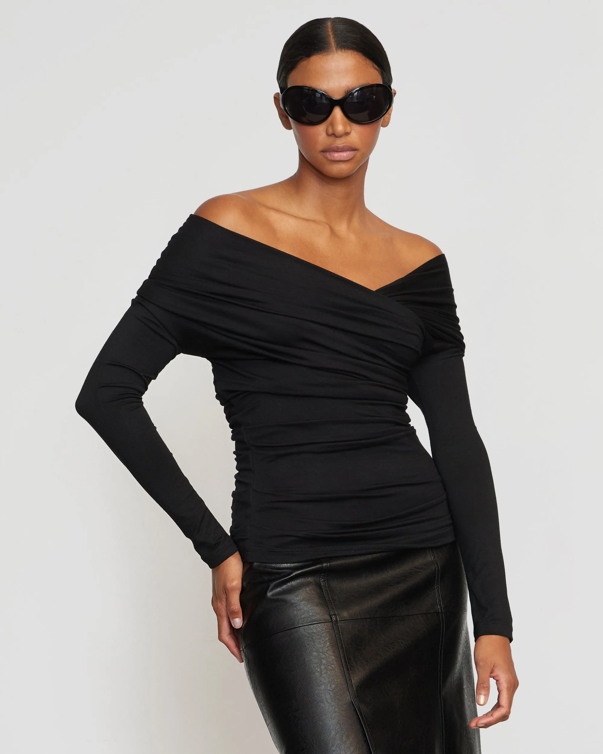 Theresa Ruched Off-Shoulder Long-Sleeve Tee