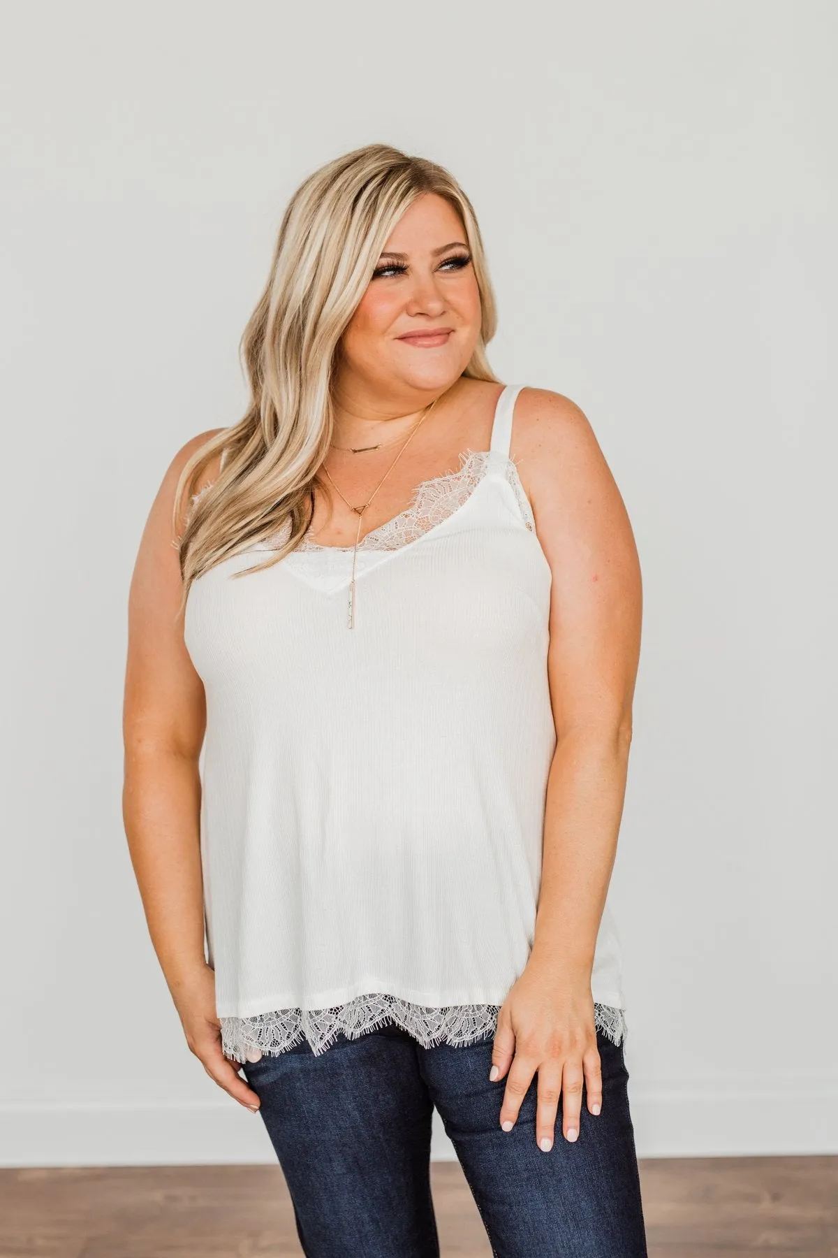 Think Like A Queen Lace Trimmed Tank Top- Off-White
