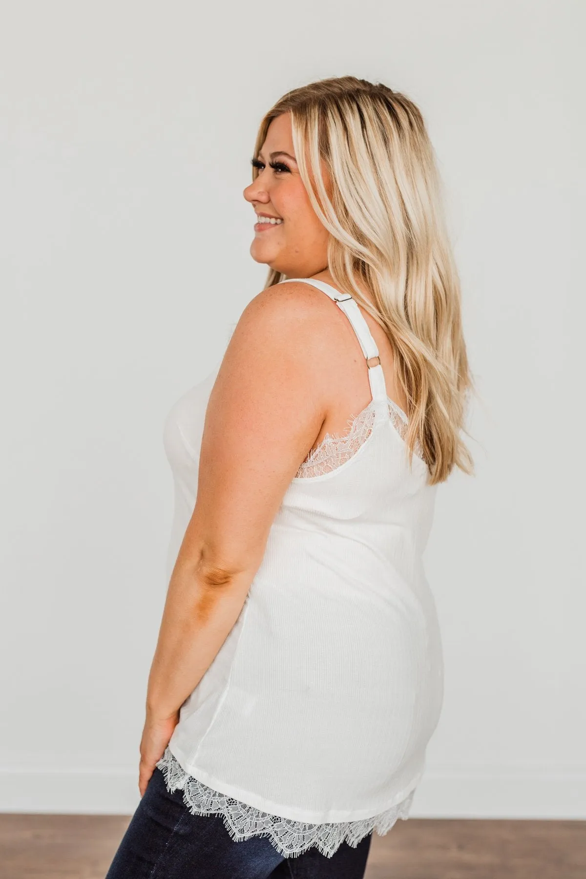 Think Like A Queen Lace Trimmed Tank Top- Off-White