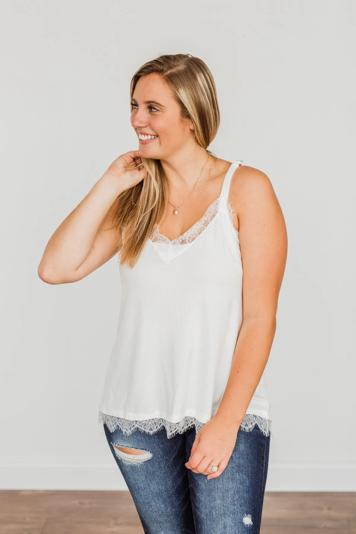 Think Like A Queen Lace Trimmed Tank Top- Off-White