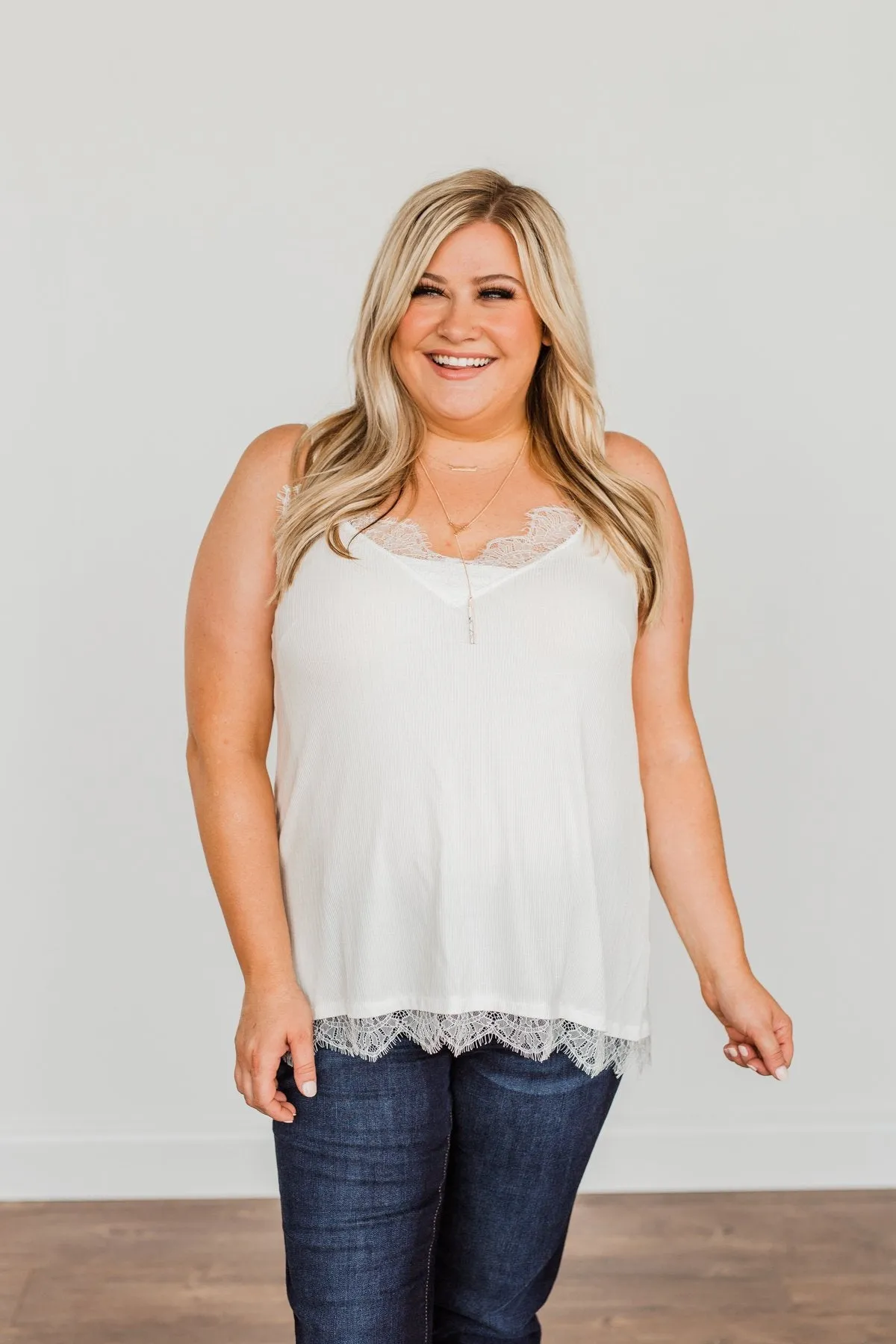 Think Like A Queen Lace Trimmed Tank Top- Off-White