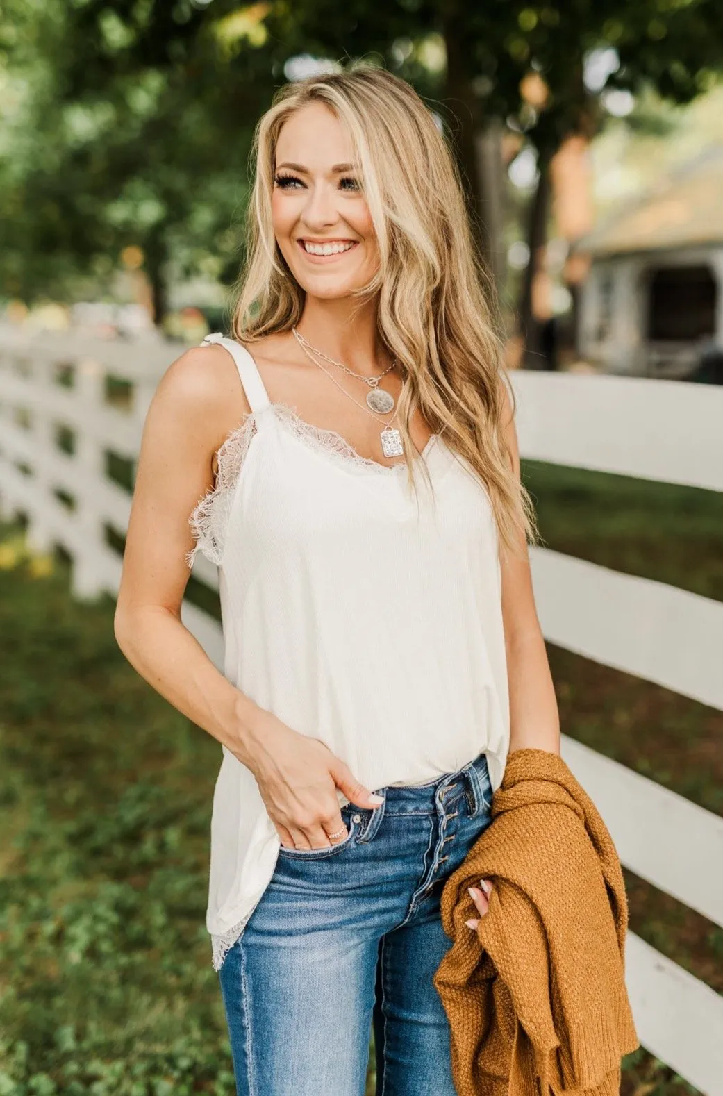 Think Like A Queen Lace Trimmed Tank Top- Off-White