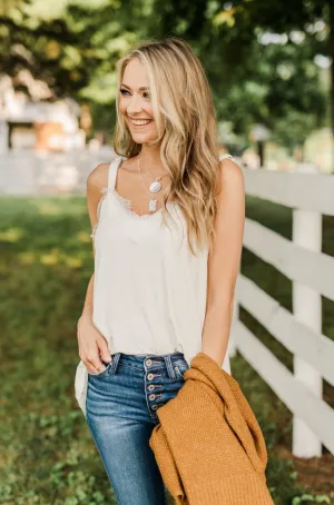 Think Like A Queen Lace Trimmed Tank Top- Off-White