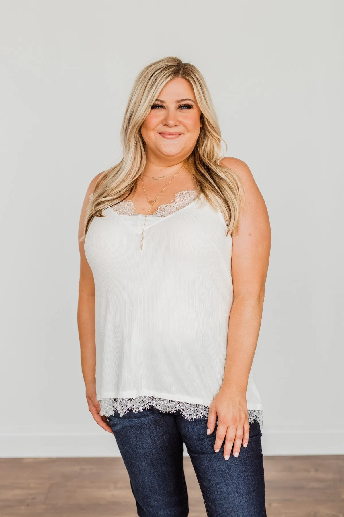 Think Like A Queen Lace Trimmed Tank Top- Off-White