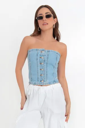 Top tubo de denim con botones contraste