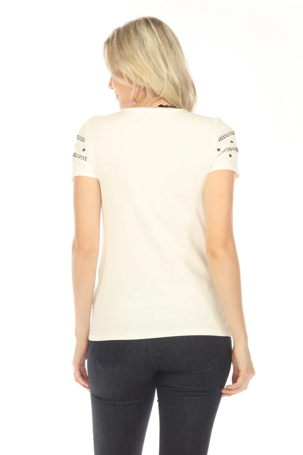 Tricotto White Studded Stars Stripes Short Sleeve Knit T-Shirt Top 458