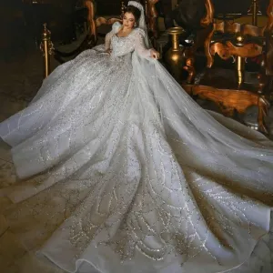 V Back Lace Sequined Luxury Bridal Gowns Crystal Beads